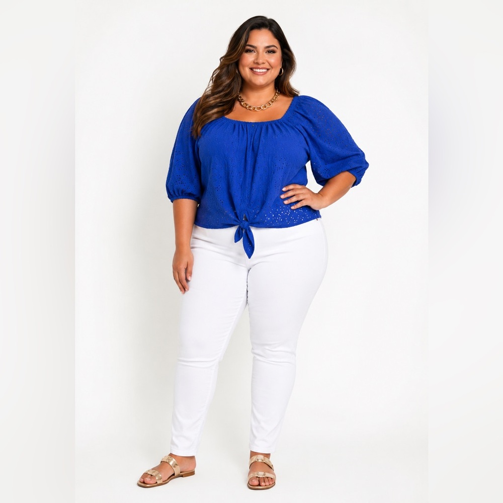 City chic royal blue eyelet puff sleeve blouse